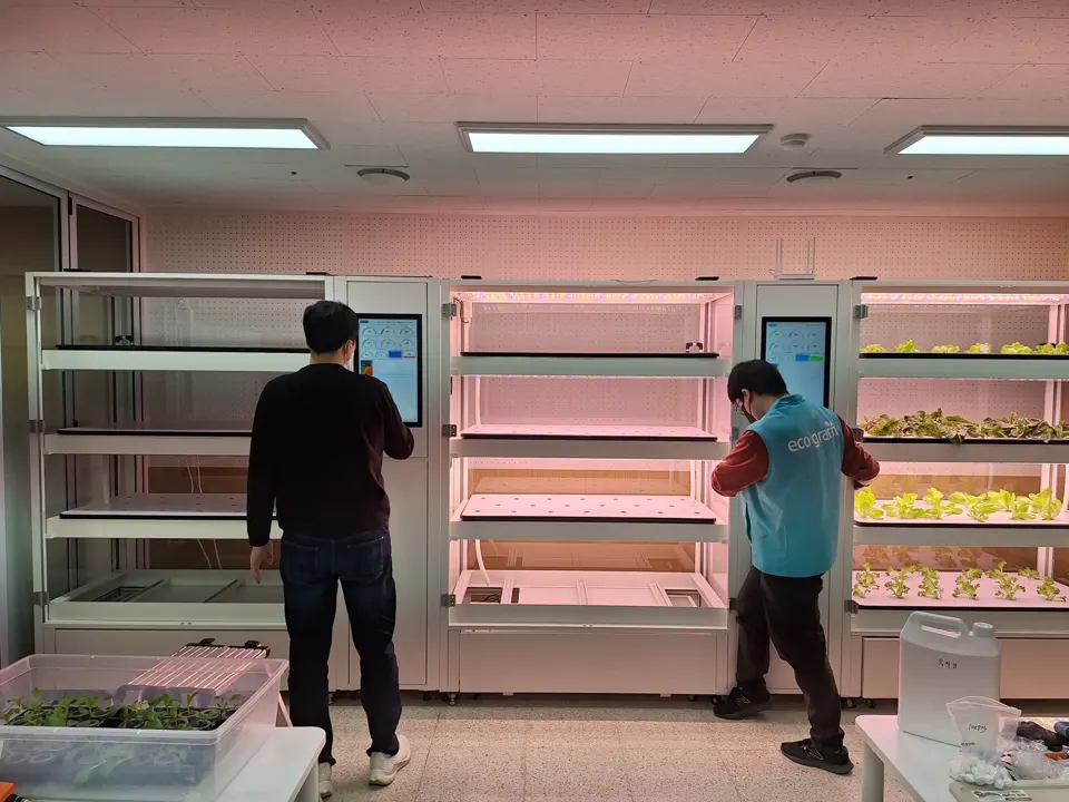 거창 나래학교 복도에 설치 중인 스마트팜 재배 캐비닛